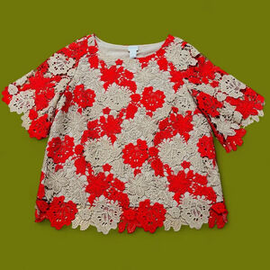 Chico’s Lace Statement Tunic Red Tan All Over Open Lace Blouse Size 0 Small